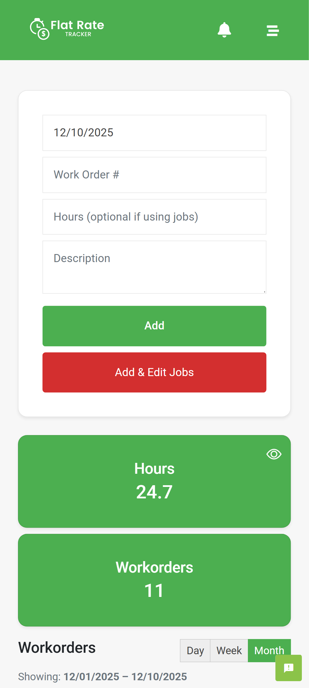 Flat Rate Tracker mobile dashboard showing current flagged hours, workorders, and quick workorder entry
