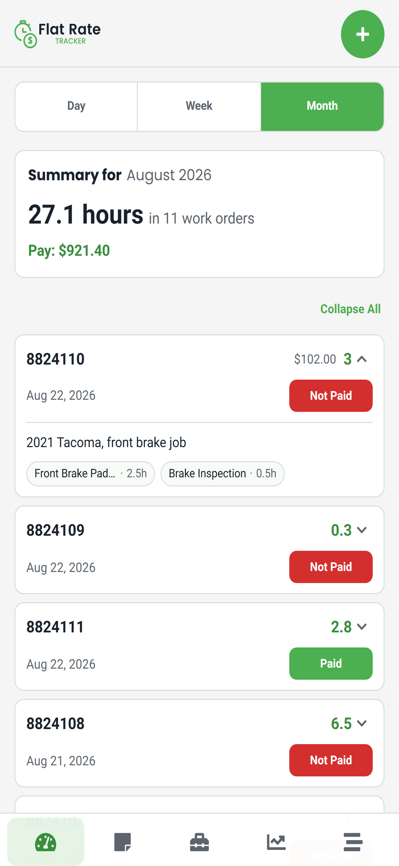 Flat Rate Tracker home screen showing flagged hours, work orders, and estimated pay for the current pay period