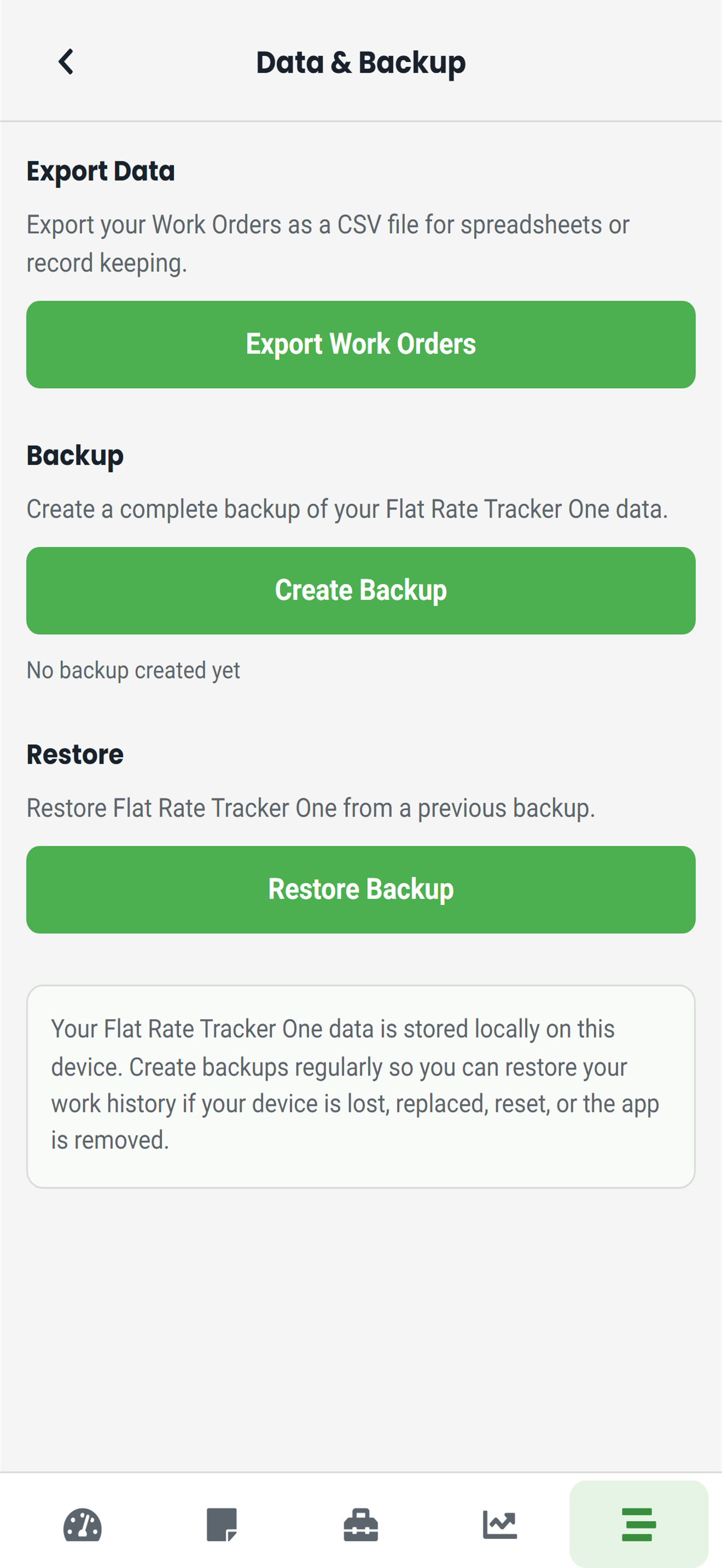 Flat Rate Tracker One data and backup screen with export, backup, and restore