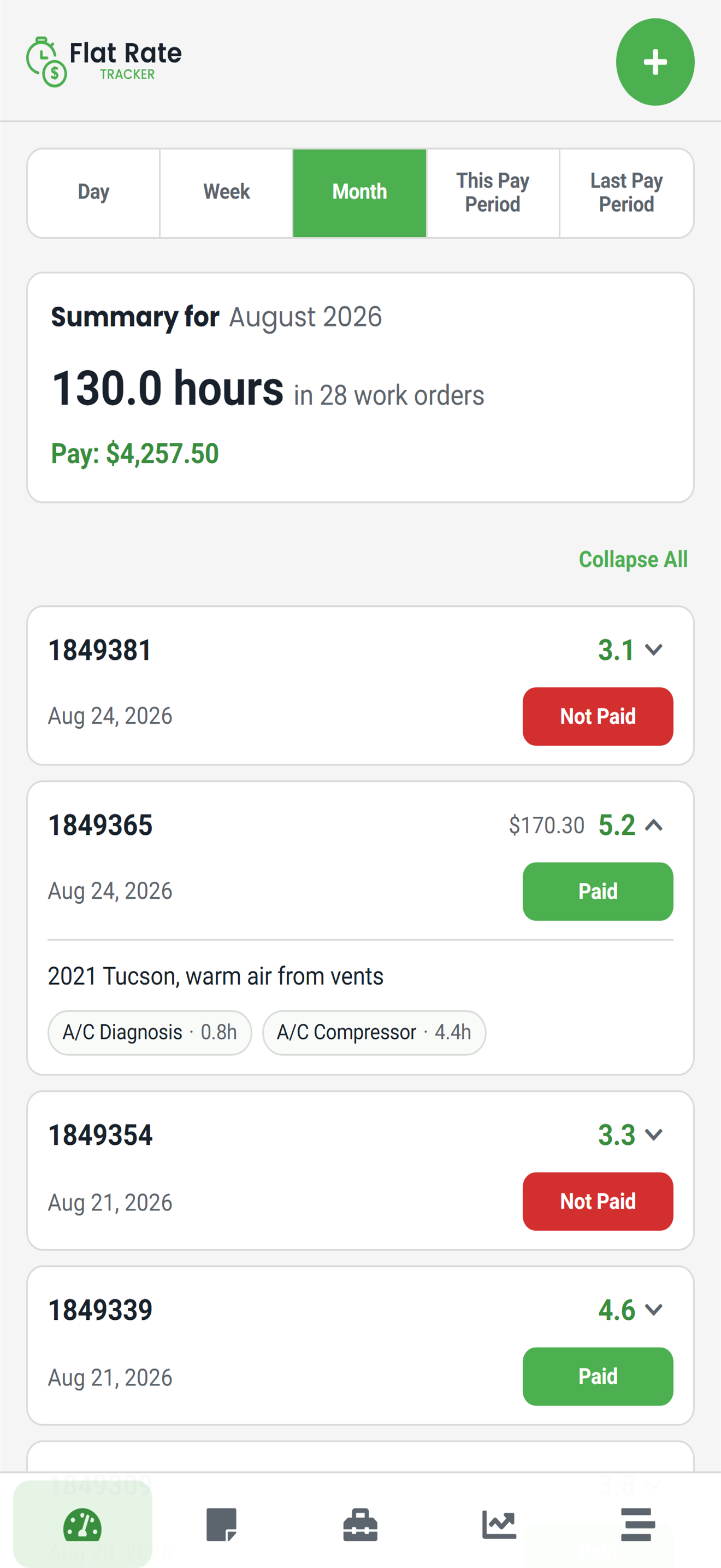 Flat Rate Tracker One home screen with flagged hours and work orders stored on the device