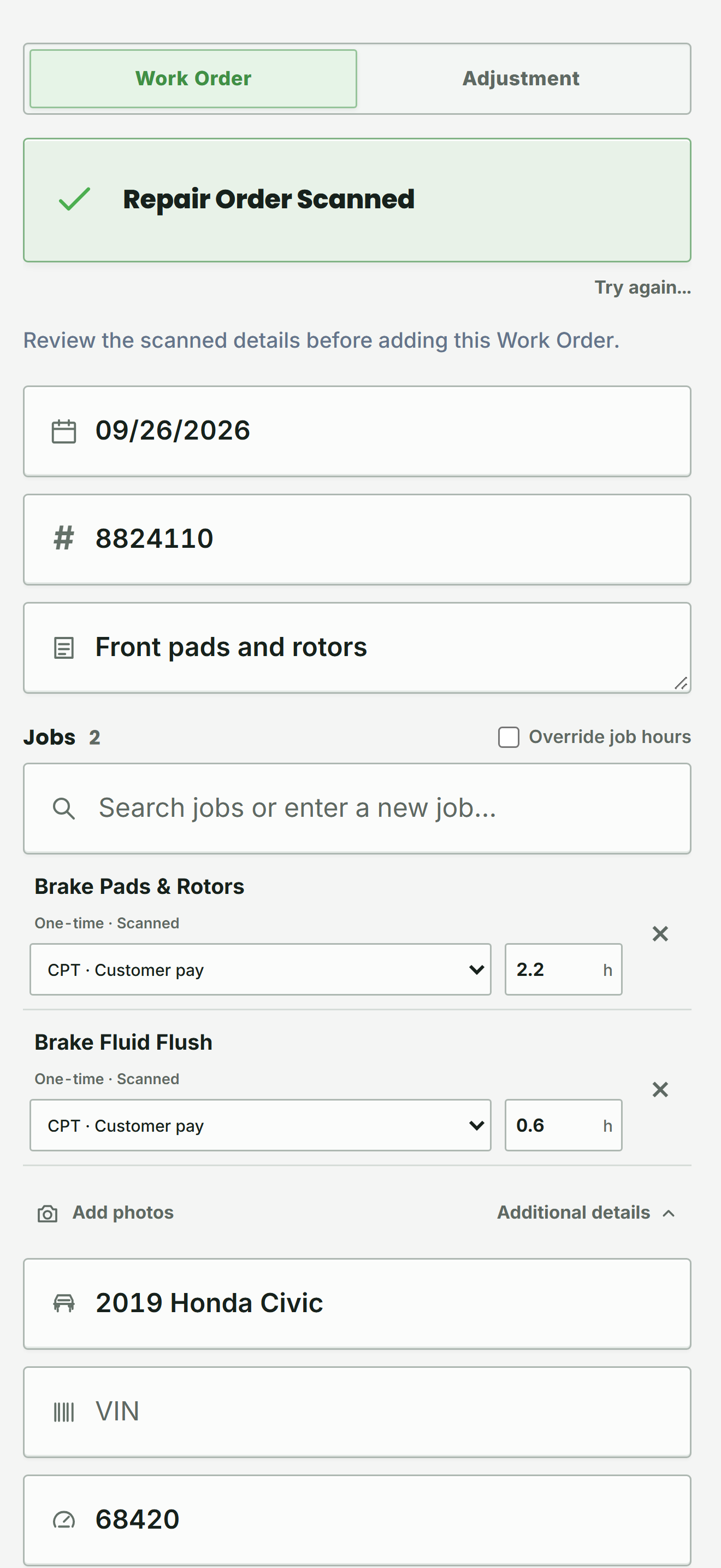 Scan Repair Order review screen confirming an editable draft with RO number, jobs, and hours