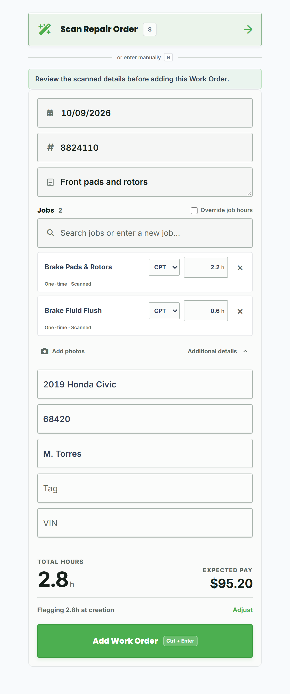 Editable Scan RO results with repair order number, date, jobs, labor types, and hours