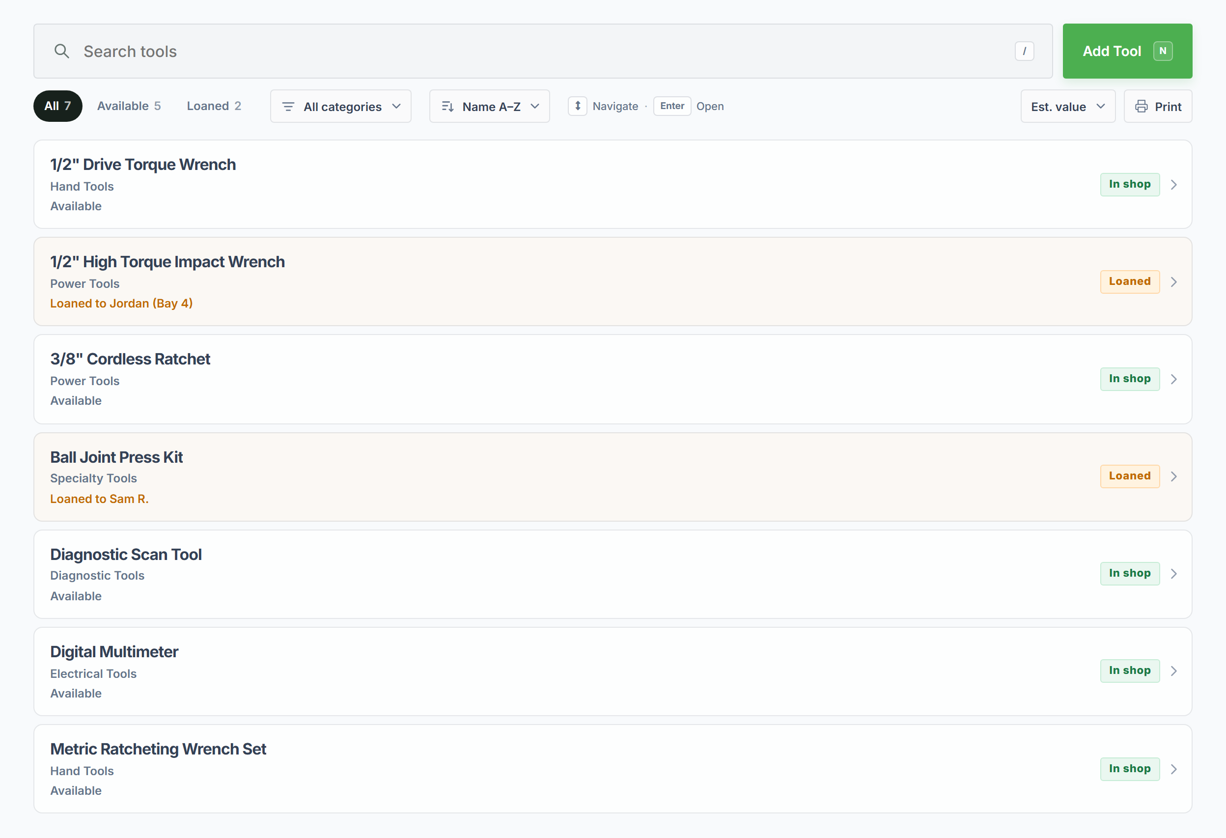 ToolTrack inventory list with categories, purchase details, and tool status
