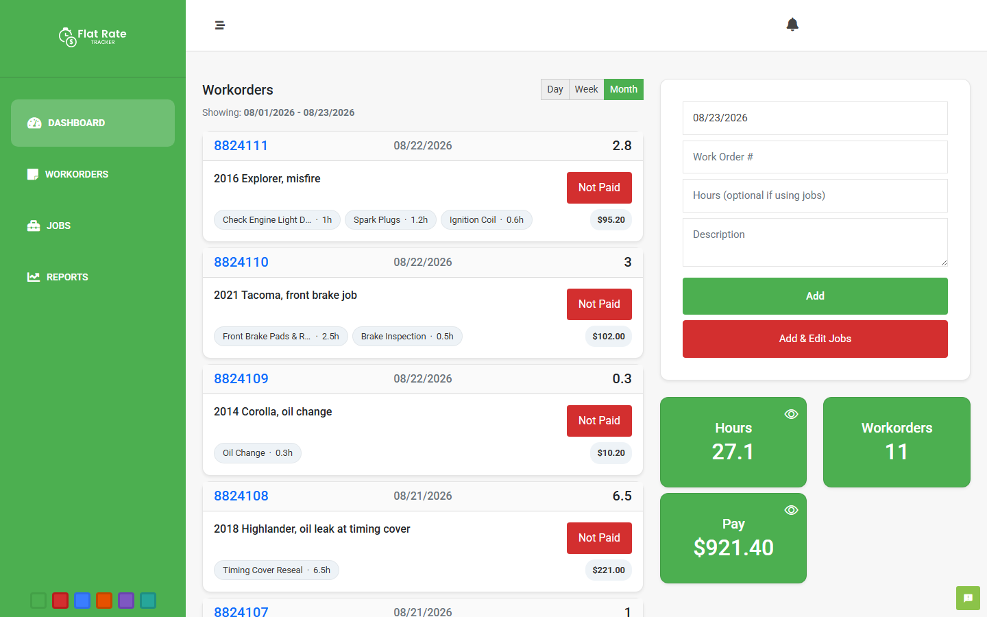 Flat Rate Tracker web dashboard showing work orders, jobs, hours, and pay for the current period