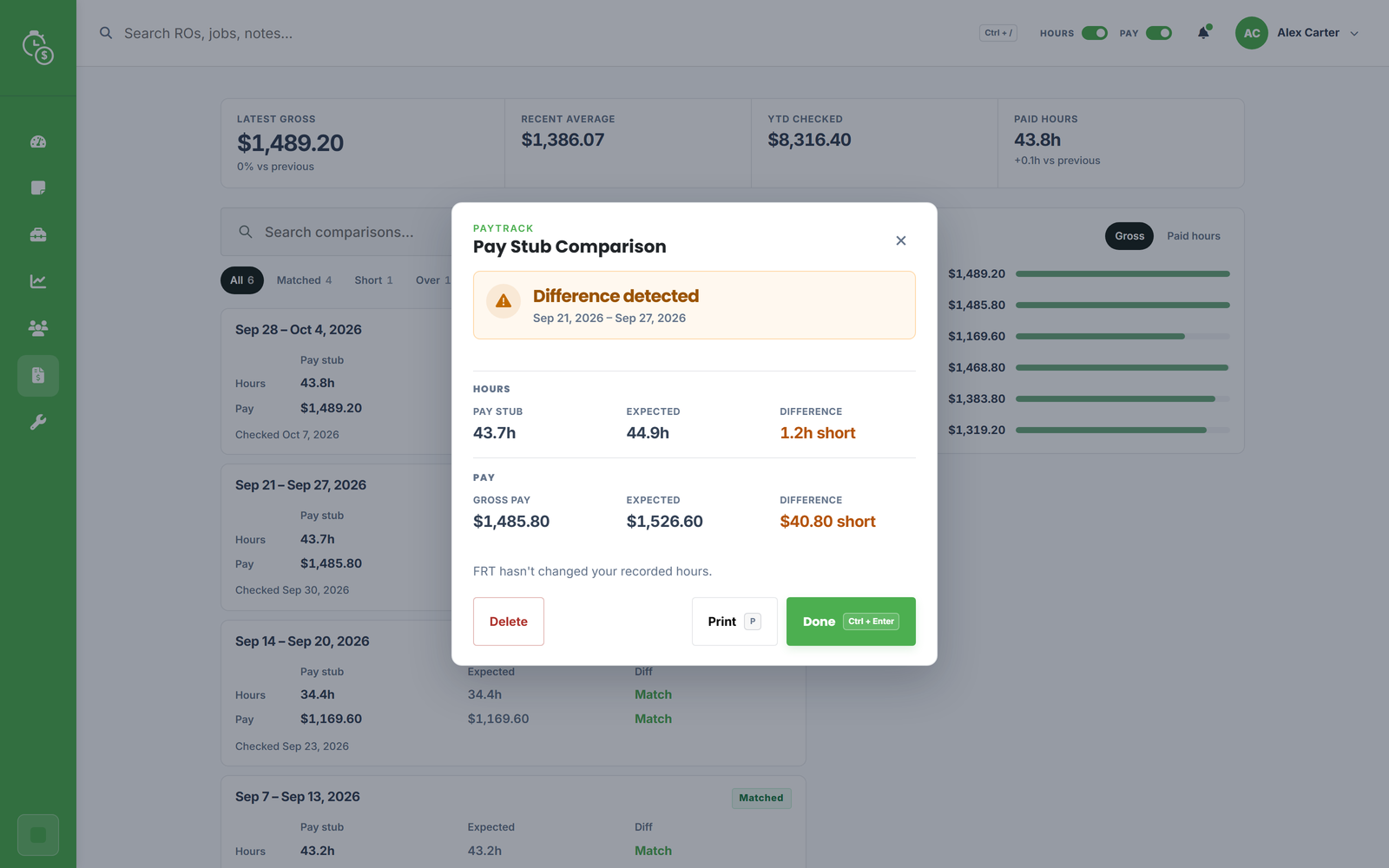 PayTrack comparison of tracked hours and expected earnings against pay stub totals