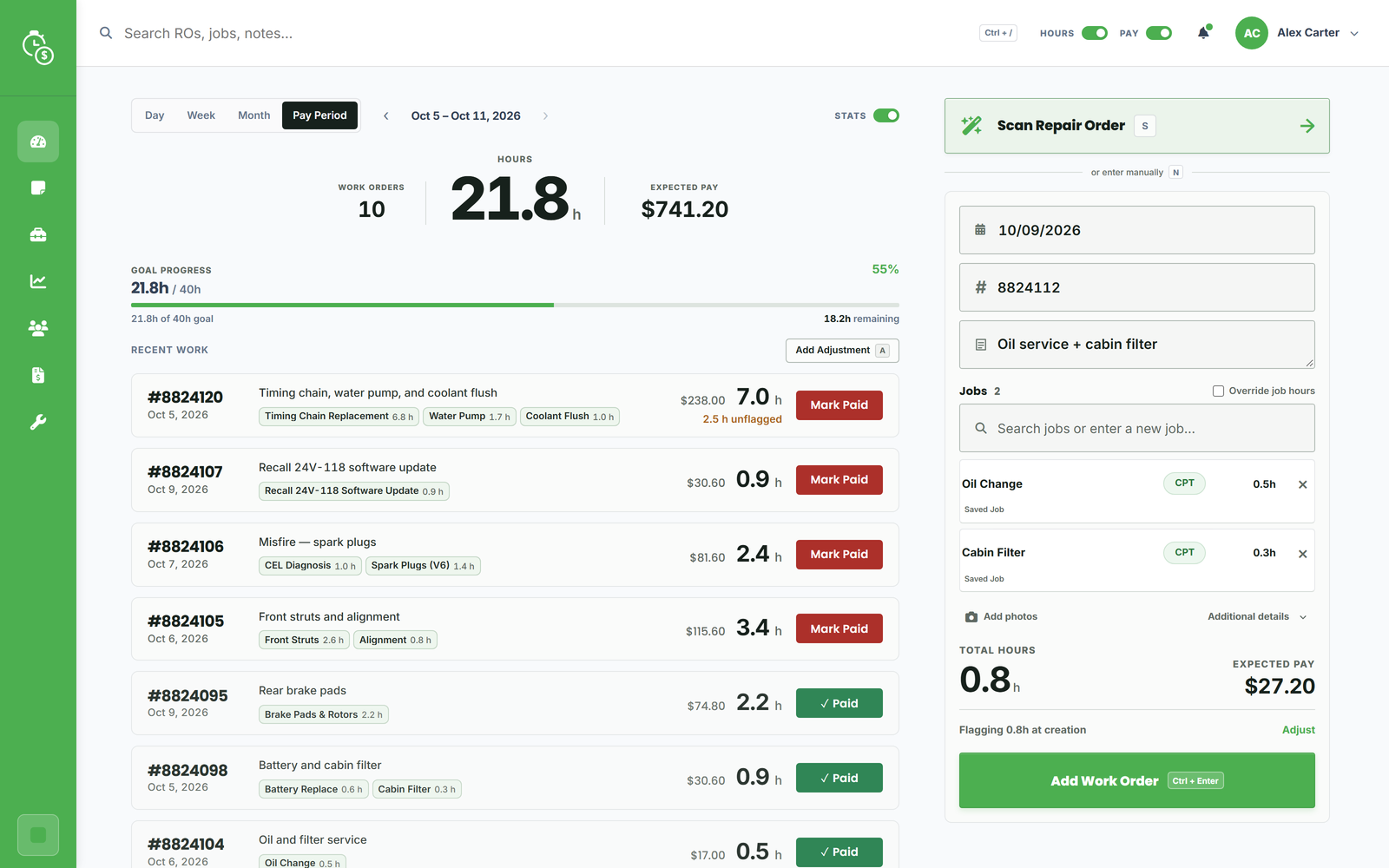 Flat Rate Tracker dashboard with the Quick Add panel open