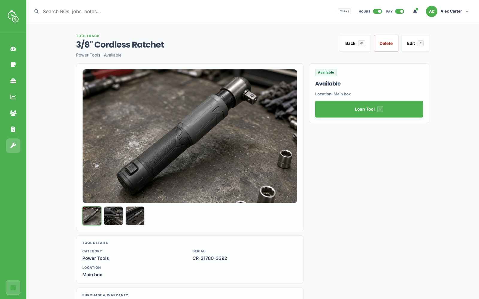 ToolTrack record with tool details, purchase information, photos, and receipt records