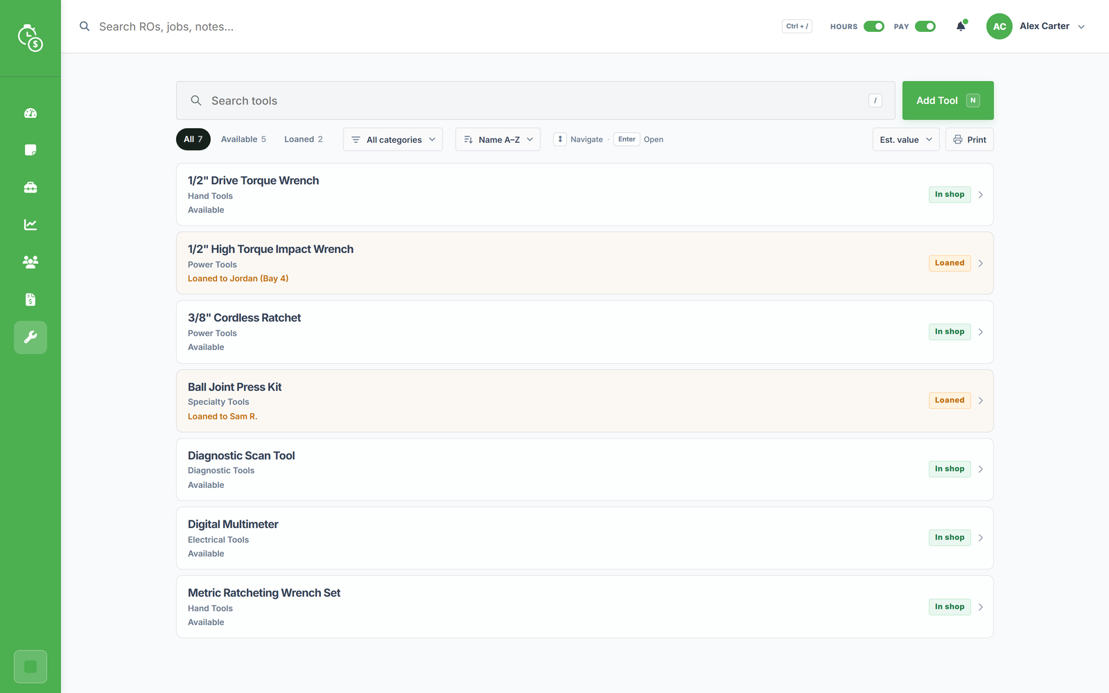 ToolTrack inventory organized by tool, category, purchase information, and status