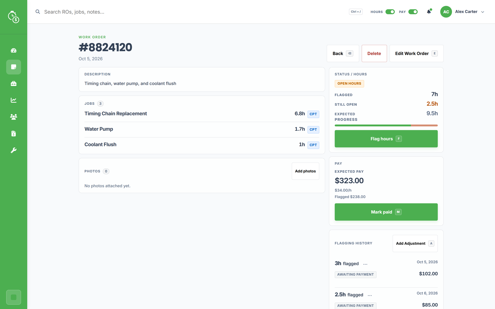 Work order detail showing individual jobs, labor types, flagged hours, and payment status