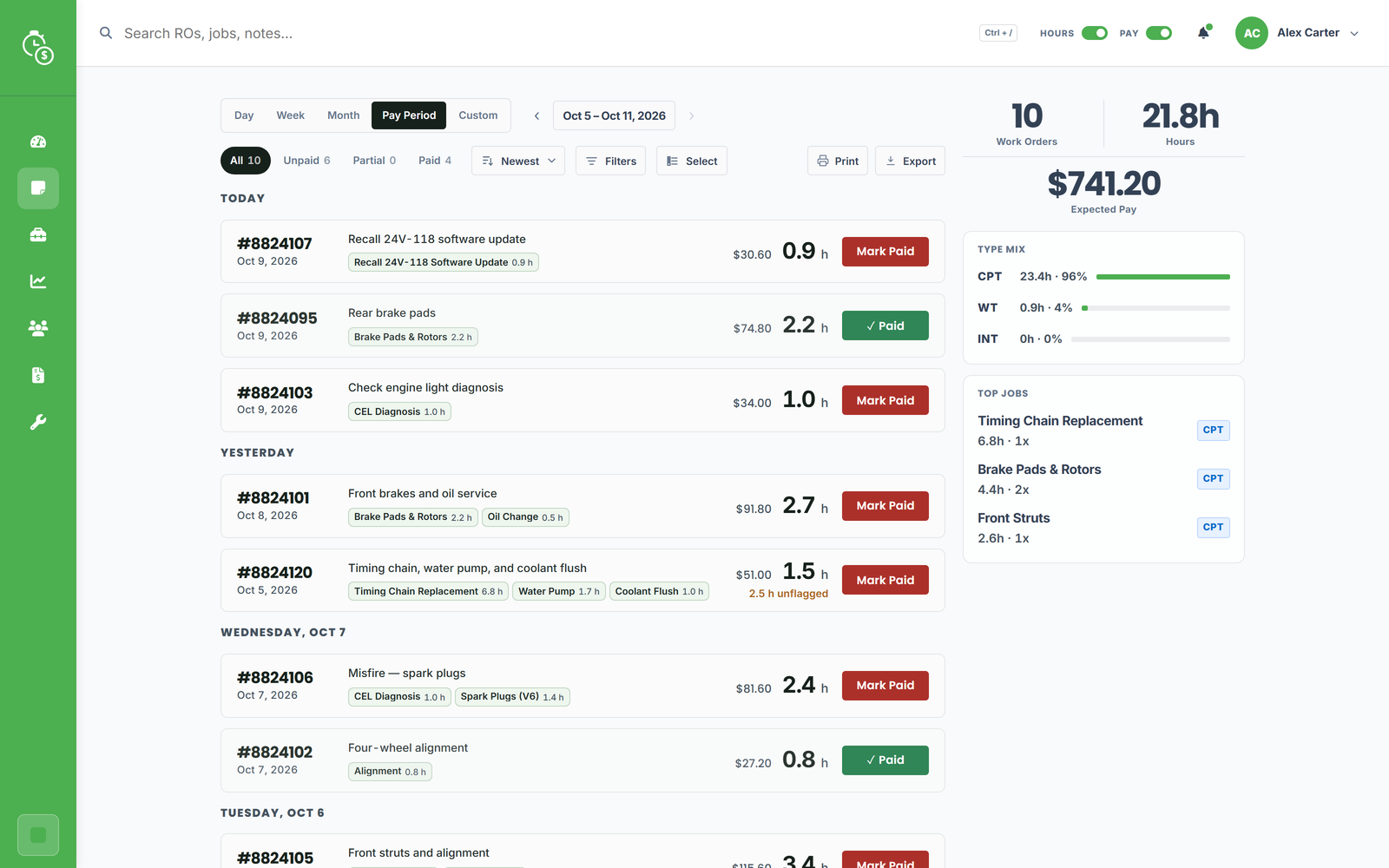 Flat Rate Tracker work order list with repair order numbers, jobs, flagged hours, and status filters