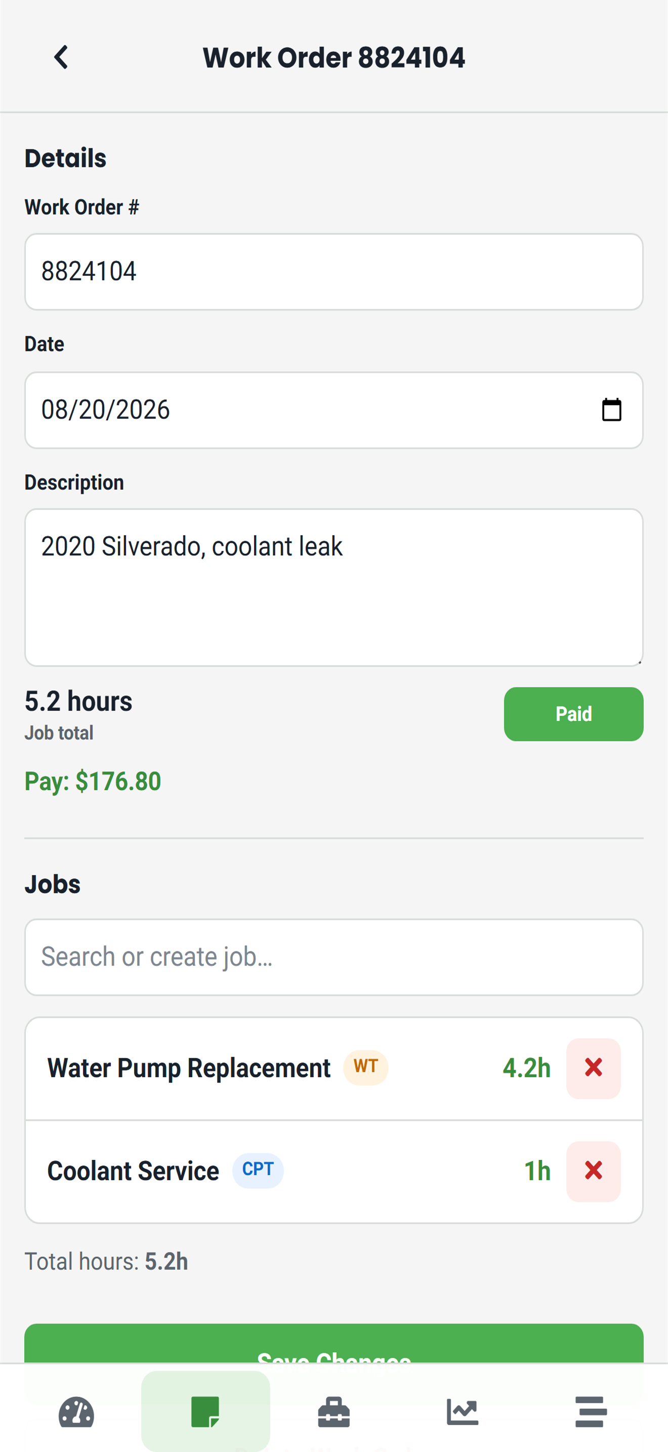 Work order detail with jobs, flagged hours, paid status, and estimated pay