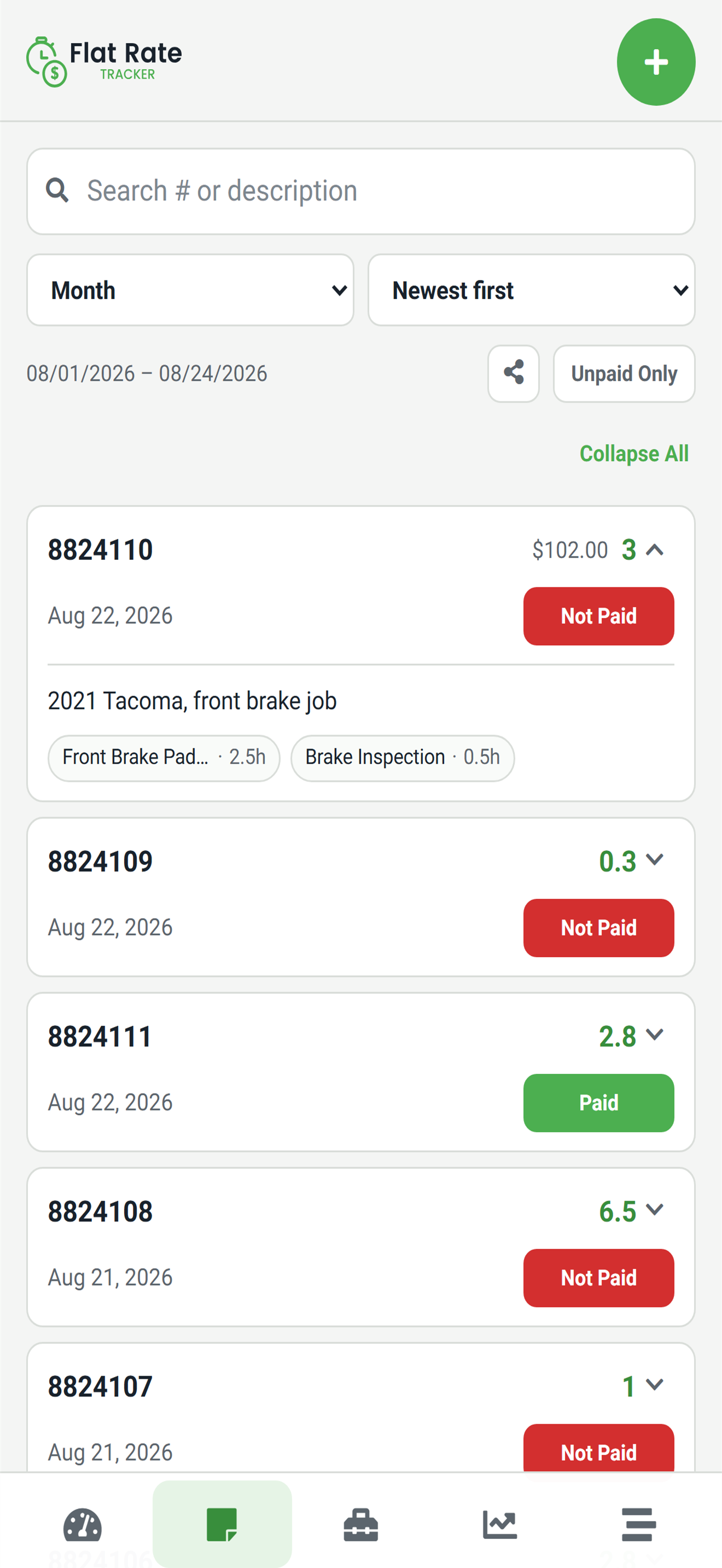 Work orders list with search, paid status, repair order numbers, jobs, and flagged hours